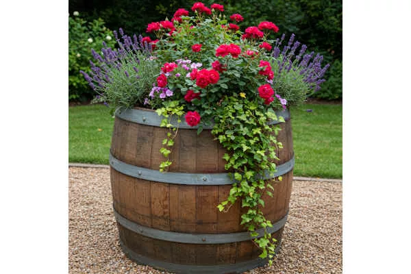 Weinfass mit Blumen bepflanzt